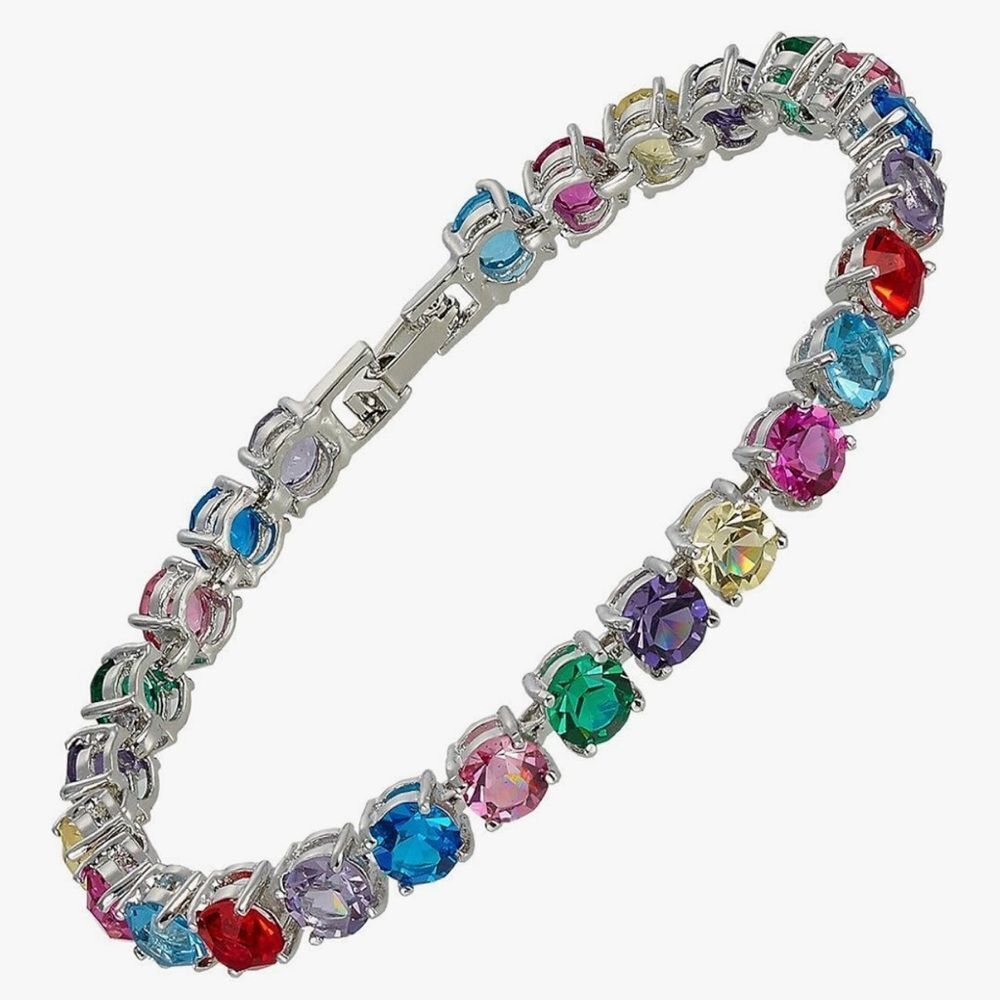 NEW 14k White Gold Plated 6mm Multi Colored Cubic Zirconia Tennis Bracelet